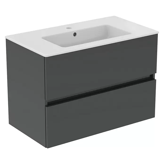 Ideal Standard Eurovit Badmöbel-Set + - 81,5 cm, Grau - Dunkelgrauer Badunterschrank mit zwei Schubladen und integriertem weißem Keramikwaschbecken.