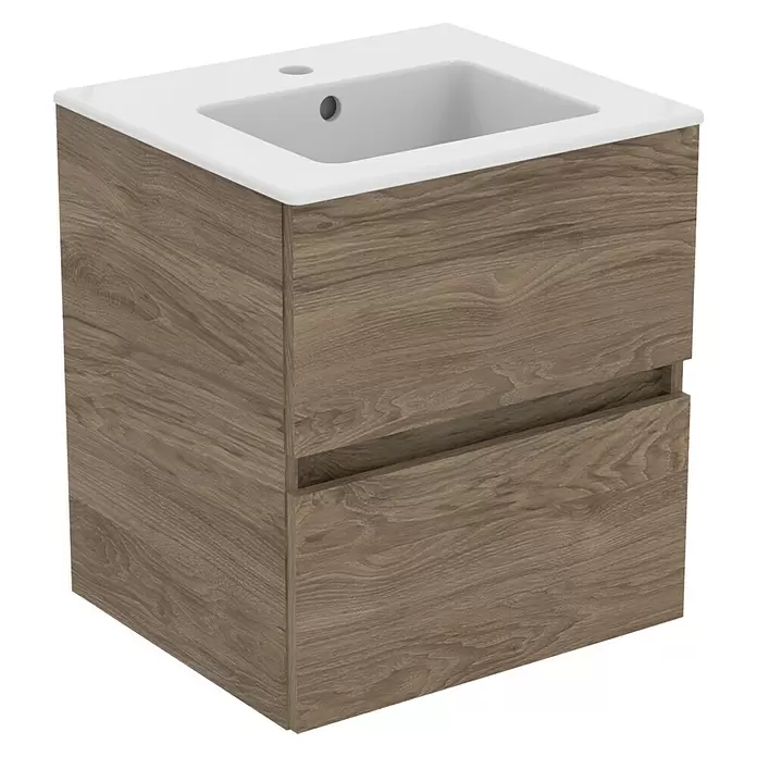 Ideal Standard Eurovit Badmöbel-Set + - 51 cm, Nussbaum - Weißes Keramikwaschbecken auf braunem Badunterschrank mit zwei Schubladen in Holzoptik.