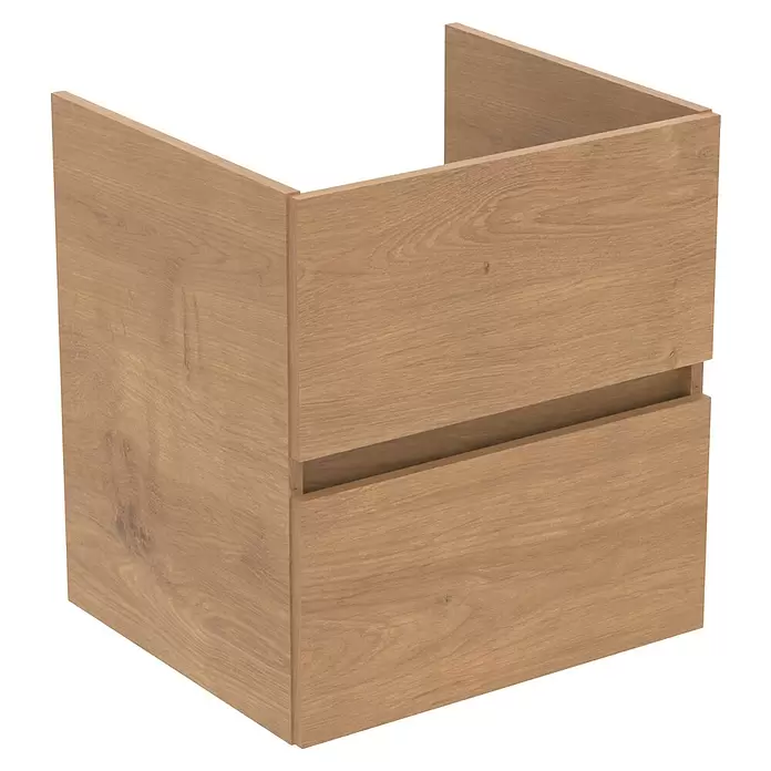 Ideal Standard Eurovit Badmöbel-Set + - 51 cm, Hamilton Eiche - Hellbrauner Waschtischunterschrank aus Holz mit zwei Schubladen und U-förmigem Wandausschnitt.