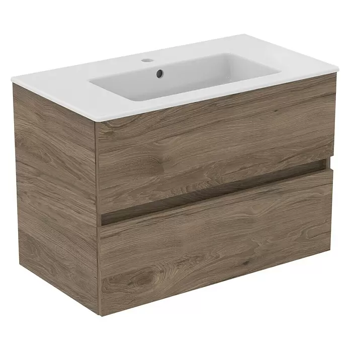 Ideal Standard Eurovit Badmöbel-Set + - 81,5 cm, Nussbaum - Badezimmermöbel mit weißem Keramikwaschbecken und braunem Holzschrank mit zwei Schubladen.
