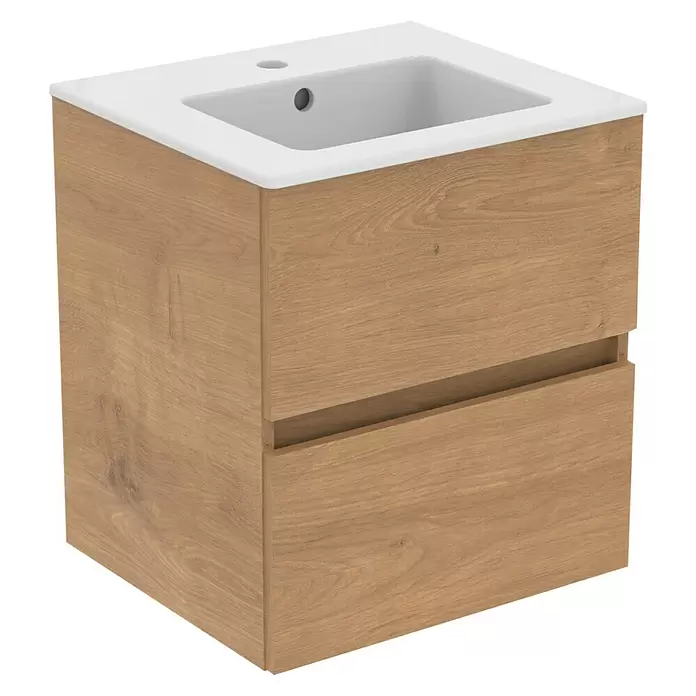 Ideal Standard Eurovit Badmöbel-Set + - 51 cm, Hamilton Eiche - Hellbrauner Waschtischunterschrank aus Holz mit zwei Schubladen und integriertem weißen Keramikwaschbecken.