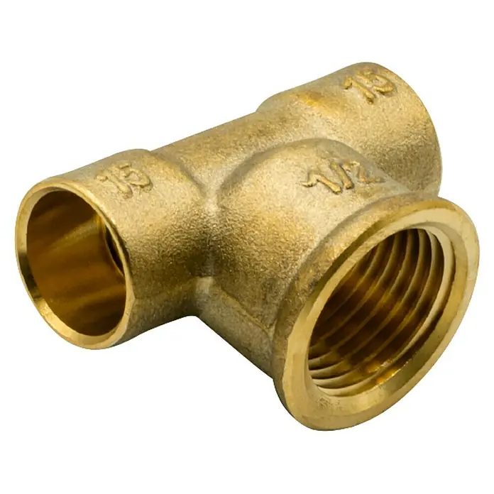 Pieza T de latón - Diámetro: 15 mm, Latón - Conexión en T de latón con rosca hembra y espiga de tubo. Perfecto para sistemas de fontanería y calefacción.