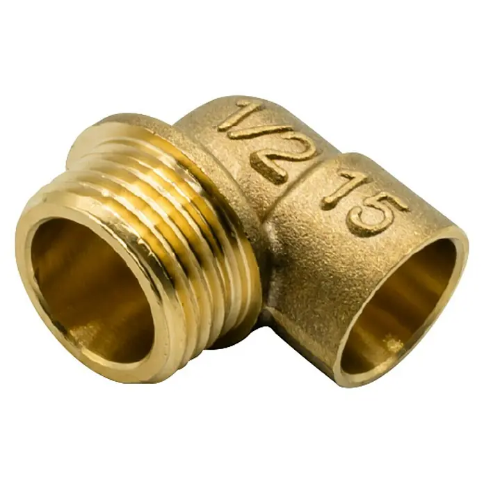 Codo de latón - Diámetro: 15 mm, Ángulo: 90 °, Rosca interior: ½″, Macho - Hembra, 1 ud. - Primer plano de un accesorio de tubería de latón, codo de 90 grados, con conexión roscada y marcado con 1/2 15 para fontanería.