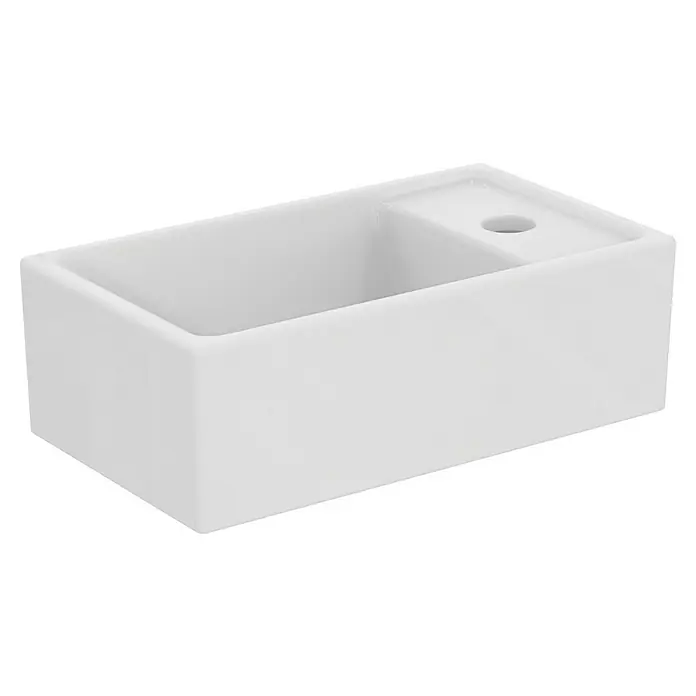 Ideal Standard Eurovit Badmöbel-Set + - 37 cm, Nussbaum, Hahnloch: Rechts - Ein weißes Spülbecken im Landhausstil mit integrierter Ablage und Hahnloch, ideal für moderne Küchen.