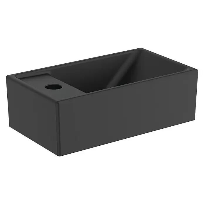 Ideal Standard Eurovit Badmöbel-Set + - 37 cm, Weiß/Schwarz, Hahnloch: Links - Schwarzes rechteckiges Waschbecken mit vorgebohrtem Hahnloch.