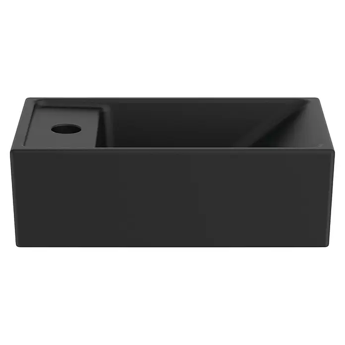 Ideal Standard Eurovit Badmöbel-Set + - 37 cm, Weiß/Schwarz, Hahnloch: Links - Rechteckiges matt-schwarzes Aufsatzwaschbecken mit integrierter Armaturenplattform und vorgebohrtem Loch.