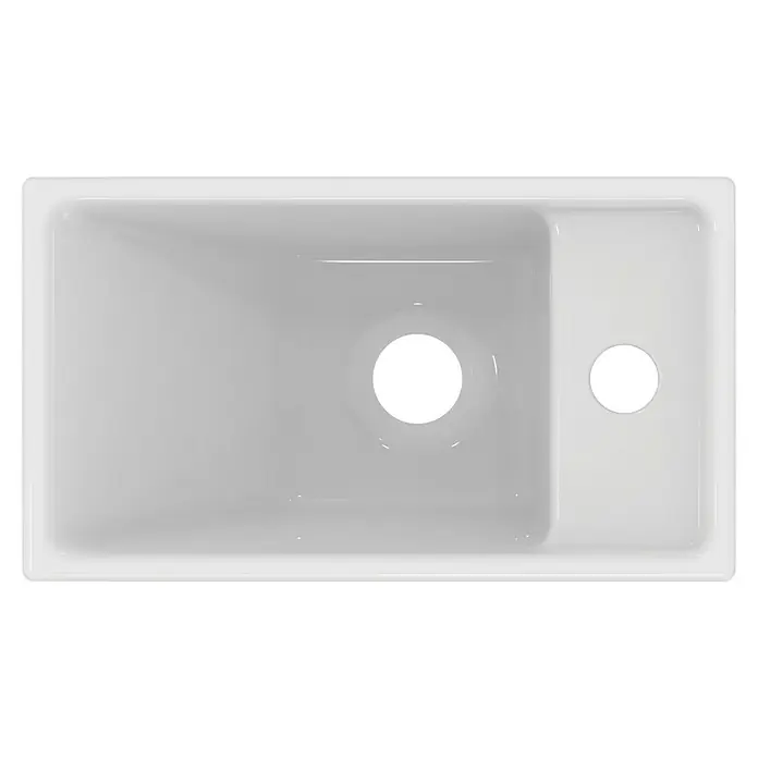 Ideal Standard Eurovit Badmöbel-Set + - 37 cm, Nussbaum, Hahnloch: Rechts - Ansicht von oben auf eine weiße Keramikspüle mit Becken links und einem kleineren Becken rechts, ideal für die Küche.