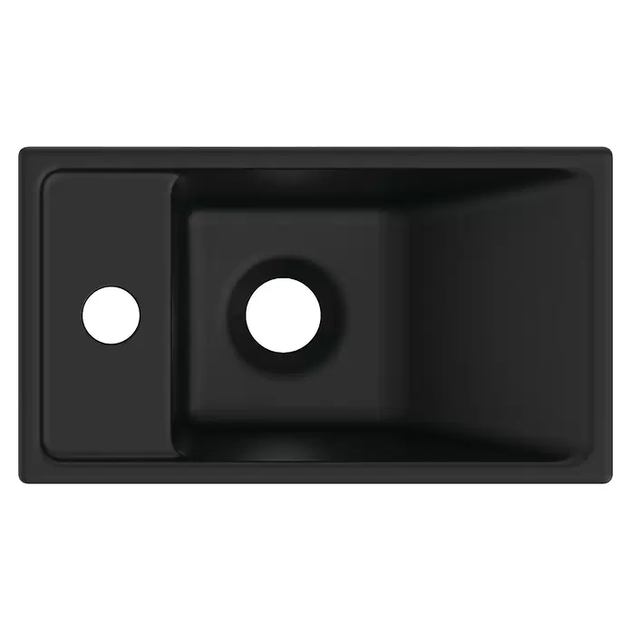 Ideal Standard Eurovit Badmöbel-Set + - 37 cm, Weiß/Schwarz, Hahnloch: Links - Schwarze Küchenspüle mit großem Becken und kleinerem Bereich, mit zwei runden Löchern.