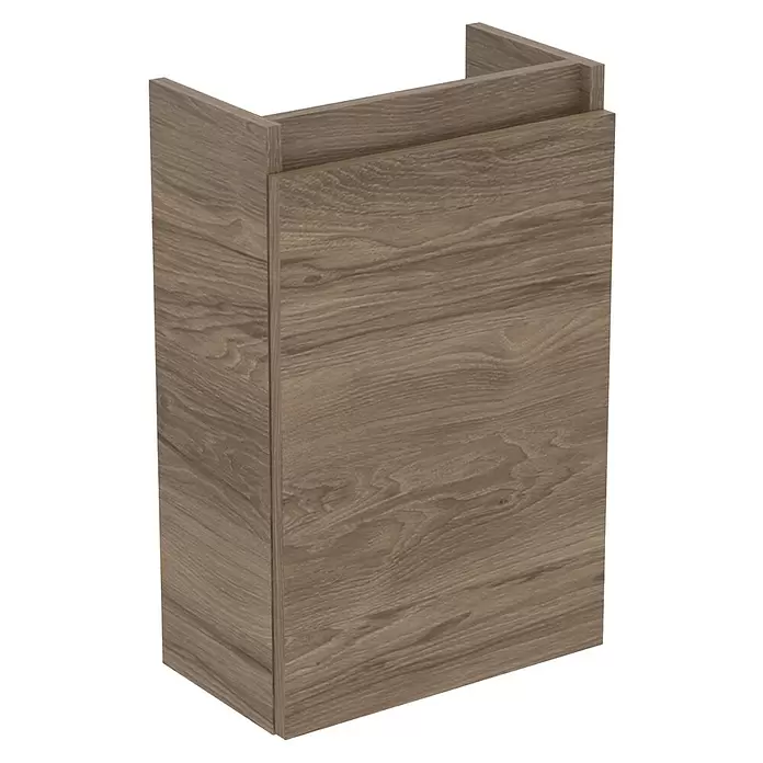 Ideal Standard Eurovit Badmöbel-Set + - 37 cm, Nussbaum, Hahnloch: Links - Hellbrauner Waschbeckenunterschrank in Holzoptik mit offener Oberseite für Waschbecken.