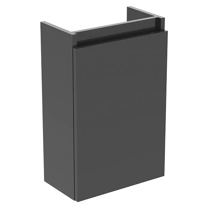 Ideal Standard Eurovit Badmöbel-Set + - 37 cm, Grau, Hahnloch: Links - Moderner dunkelgrauer Schrank mit eingelassenem Griff oben.