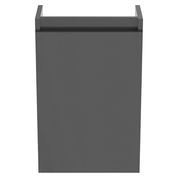 Ideal Standard Eurovit Badmöbel-Set + - 37 cm, Grau, Hahnloch: Links - Dunkelgrauer, rechteckiger Schrank mit erhöhtem Rand entlang der oberen Kante.