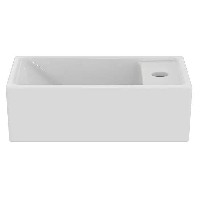 Ideal Standard Eurovit Badmöbel-Set + - 37 cm, Nussbaum, Hahnloch: Rechts - Nahaufnahme einer modernen, weißen Keramikspüle mit einem runden Ablauf. Ideal für die stilvolle Küchengestaltung.
