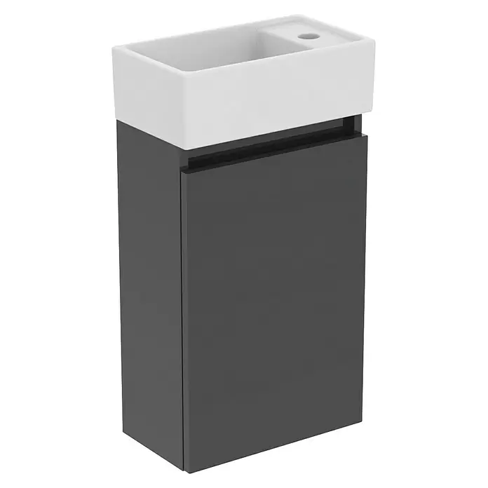 Ideal Standard Eurovit Badmöbel-Set + - 37 cm, Grau, Hahnloch: Rechts - Dunkelgrauer Badschrank mit integriertem weißen Keramikwaschbecken und Armaturablage.