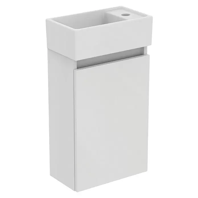 Ideal Standard Eurovit Badmöbel-Set + - 37 cm, Weiß, Hahnloch: Rechts - Weißer Waschtischunterschrank mit integriertem rechteckigem Waschbecken und Stauraum.