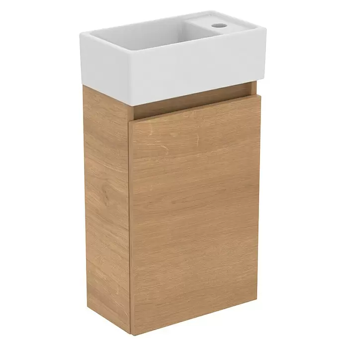 Ideal Standard Eurovit Badmöbel-Set + - 37 cm, Hamilton Eiche, Hahnloch: Rechts - Weiße Keramikwaschbecken mit integriertem hellen Holzwaschtischunterschrank fürs Bad.