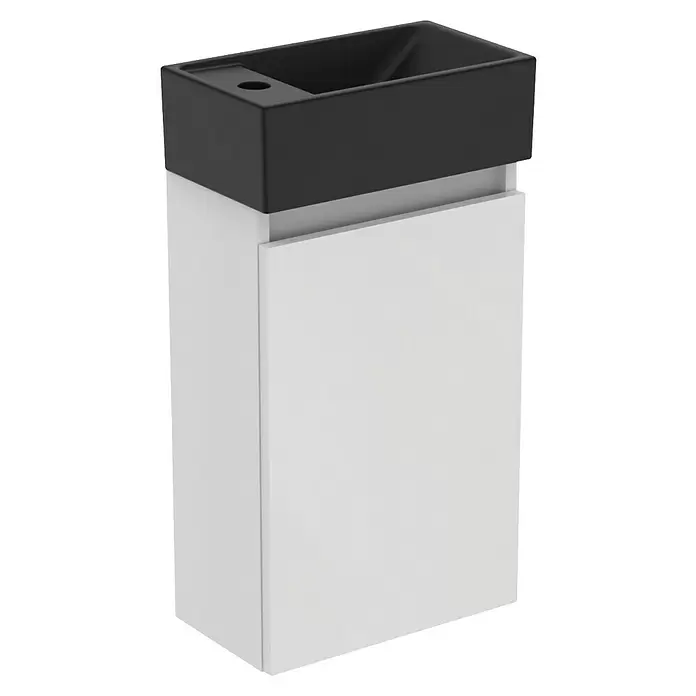 Ideal Standard Eurovit Badmöbel-Set + - 37 cm, Weiß/Schwarz, Hahnloch: Links - Schwarzes, rechteckiges Keramik-Waschbecken auf weißem Unterschrank, als moderne Badmöbel-Kombination.