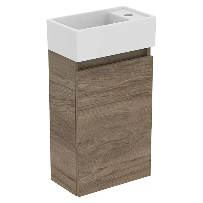 Ideal Standard Eurovit Badmöbel-Set + - 37 cm, Nussbaum, Hahnloch: Rechts - Badezimmer-Waschtischunterschrank mit weißem Keramikwaschbecken und hellem Holz-Effekt-Schrank.