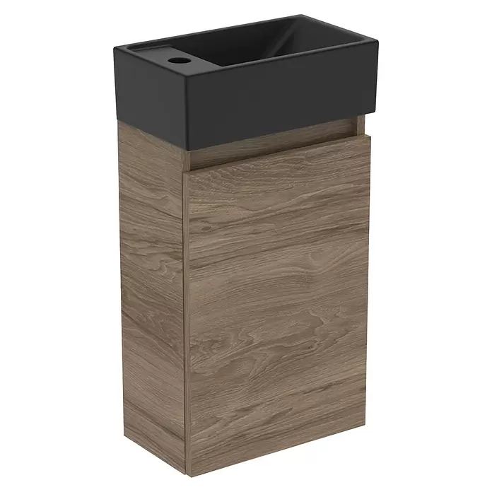 Ideal Standard Eurovit Badmöbel-Set + - 37 cm, Nussbaum/Schwarz, Hahnloch: Links - Schwarzes Waschbecken und hölzerner Badunterschrank.
