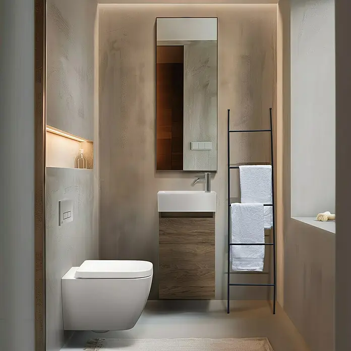 Ideal Standard Eurovit Badmöbel-Set + - 37 cm, Nussbaum, Hahnloch: Rechts - Modernes Badezimmer mit wandhängender Toilette, Waschtisch mit Holzunterschrank und Handtuchleiter für ein stilvolles Ambiente.