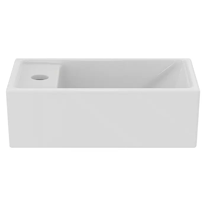 Ideal Standard Eurovit Badmöbel-Set + - 37 cm, Grau, Hahnloch: Links - Weißes Keramik-Einzelspülbecken mit Hahnloch.