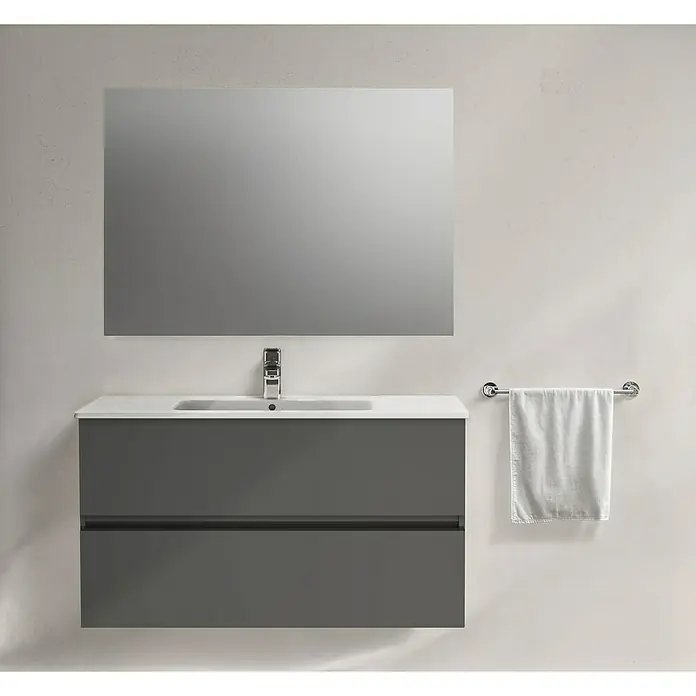 Ideal Standard Eurovit Badmöbel-Set + - 101,5 cm, Grau - Elegantes Badezimmer-Waschtisch-Set mit grauem Unterschrank, weißem Aufsatzwaschbecken, Spiegel und Handtuchhalter.