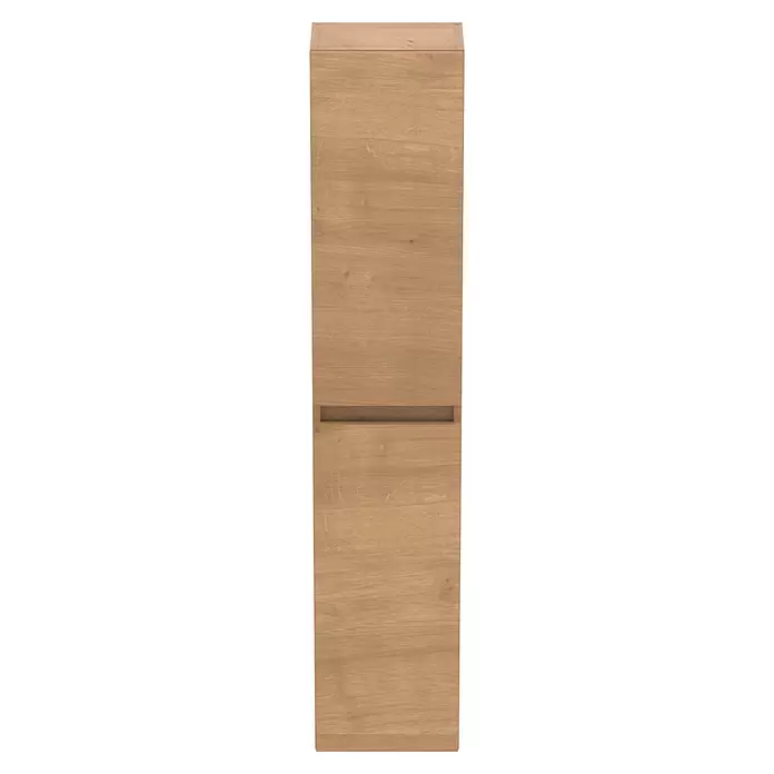 Ideal Standard Eurovit Hochschrank + - 30 x 23,6 x 150 cm, Hamilton Eiche - Hoher, hellbrauner Holz-Wandschrank mit grifflosem Design und horizontaler Griffleiste.