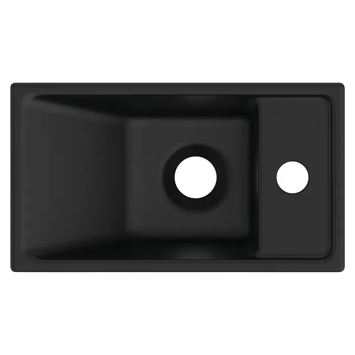Ideal Standard Eurovit Badmöbel-Set + - 37 cm, Weiß/Schwarz, Hahnloch: Rechts - Schwarze Küchenspüle mit Hauptbecken und kleinerem Bereich, mit zwei runden Aussparungen.