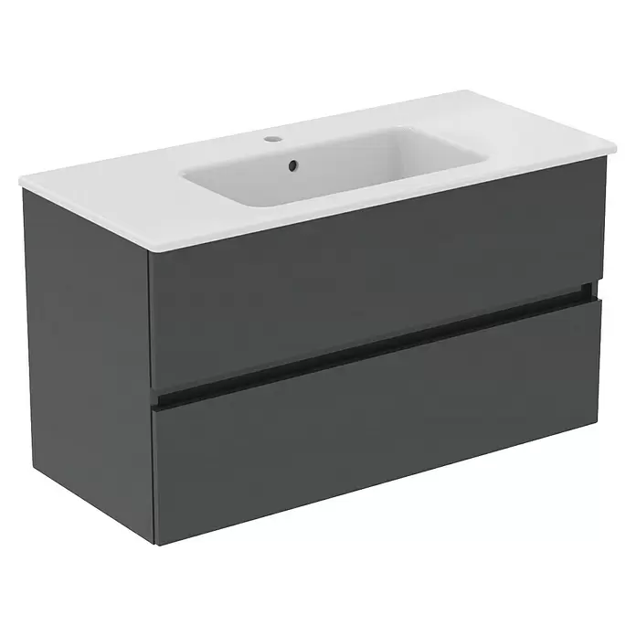 Ideal Standard Eurovit Badmöbel-Set + - 101,5 cm, Grau - Dunkelgrauer wandhängender Waschtischunterschrank mit zwei Schubladen und integriertem weißem Waschbecken.