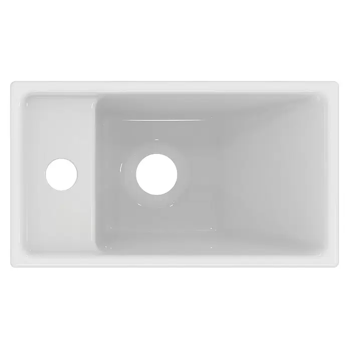 Ideal Standard Eurovit Badmöbel-Set + - 37 cm, Grau, Hahnloch: Links - Weißes Einzelbecken-Küchenspülbecken mit Abtropffläche und zwei runden Öffnungen.
