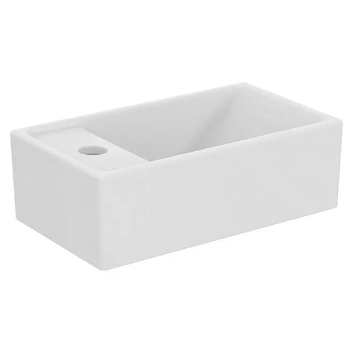 Ideal Standard Eurovit Badmöbel-Set + - 37 cm, Grau, Hahnloch: Links - Weißes, rechteckiges Keramikwaschbecken mit integrierter Ablagefläche und Hahnloch.