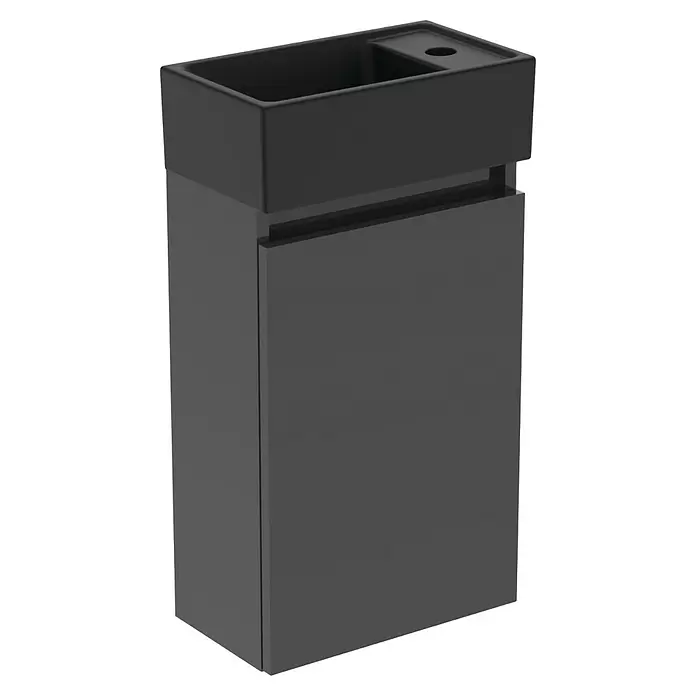 Ideal Standard Eurovit Badmöbel-Set + - 37 cm, Grau/Schwarz, Hahnloch: Rechts - Dunkelgrauer rechteckiger Waschbeckenunterschrank mit integriertem Becken und Hahnloch.