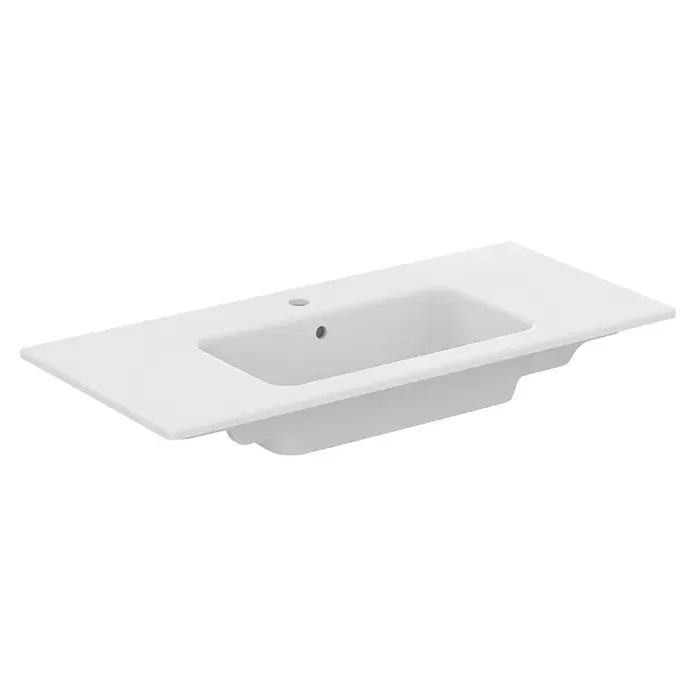 Ideal Standard Eurovit Badmöbel-Set + - 101,5 cm, Grau - Weißes Keramik-Waschbecken mit integrierter Arbeitsplatte, Überlauf und einem Hahnloch.