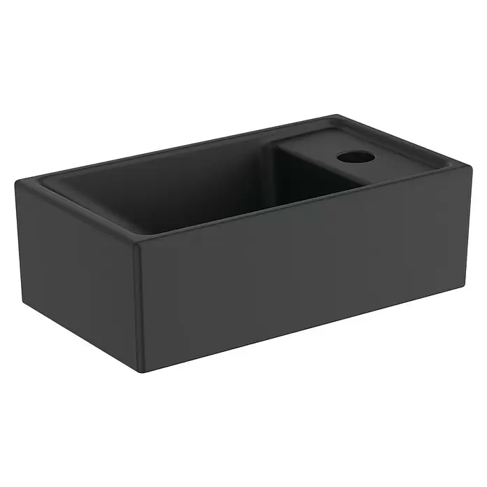 Ideal Standard Eurovit Badmöbel-Set + - 37 cm, Weiß/Schwarz, Hahnloch: Rechts - Schwarzes rechteckiges Küchen- oder Spülbecken mit Hauptbecken und einem kleineren Bereich mit Hahnloch.