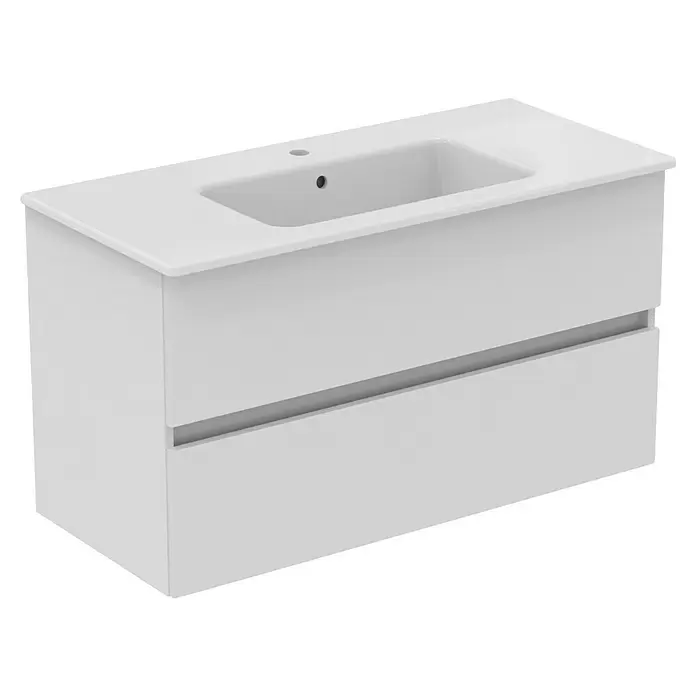 Ideal Standard Eurovit Badmöbel-Set + - 101,5 cm, Weiß - Weißer wandmontierter Badunterschrank mit integriertem Waschbecken und zwei Schubladen.