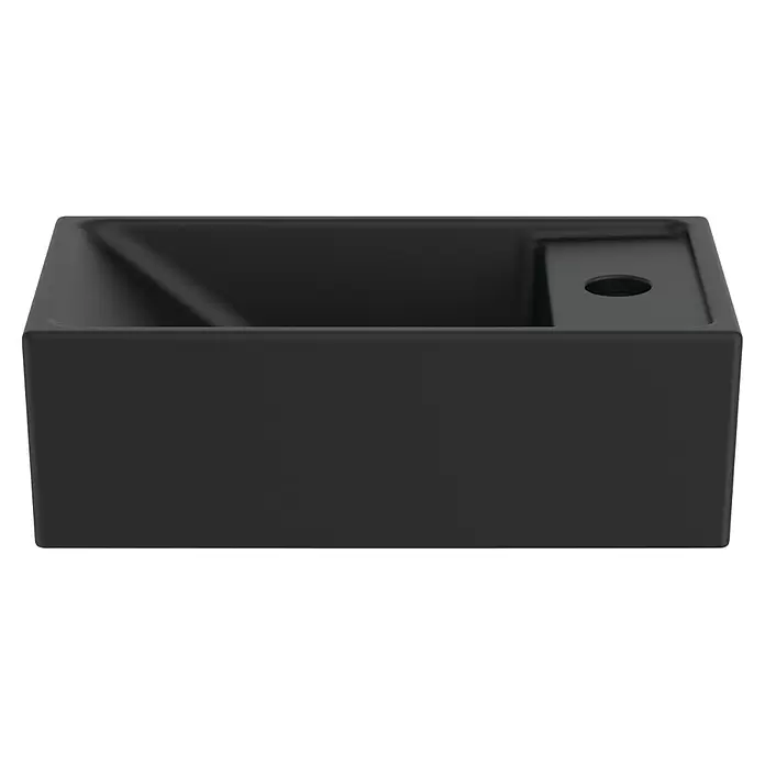 Ideal Standard Eurovit Badmöbel-Set + - 37 cm, Weiß/Schwarz, Hahnloch: Rechts - Schwarzes rechteckiges mattes Waschbecken mit Einzelbecken und erhöhtem Hahnloch rechts.