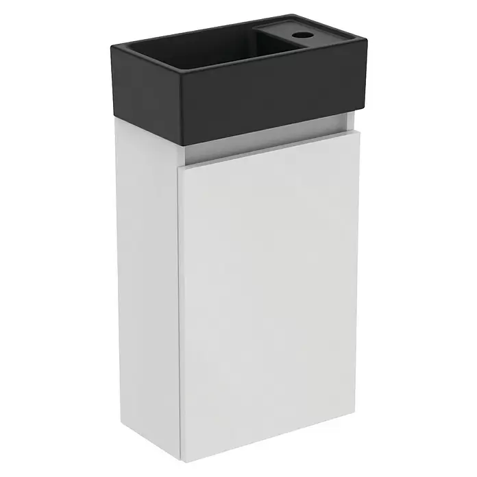 Ideal Standard Eurovit Badmöbel-Set + - 37 cm, Weiß/Schwarz, Hahnloch: Rechts - Weißer Waschtischunterschrank mit schwarzem Rechteckbecken und Hahnloch.