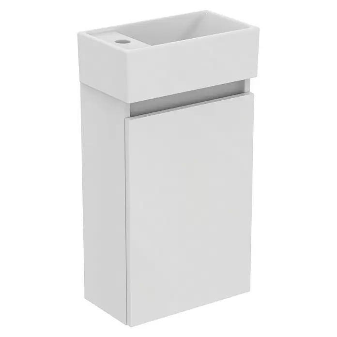 Ideal Standard Eurovit Badmöbel-Set + - 37 cm, Weiß, Hahnloch: Links - Weißer, moderner Badunterschrank mit integriertem rechteckigem Waschbecken und Armaturloch.