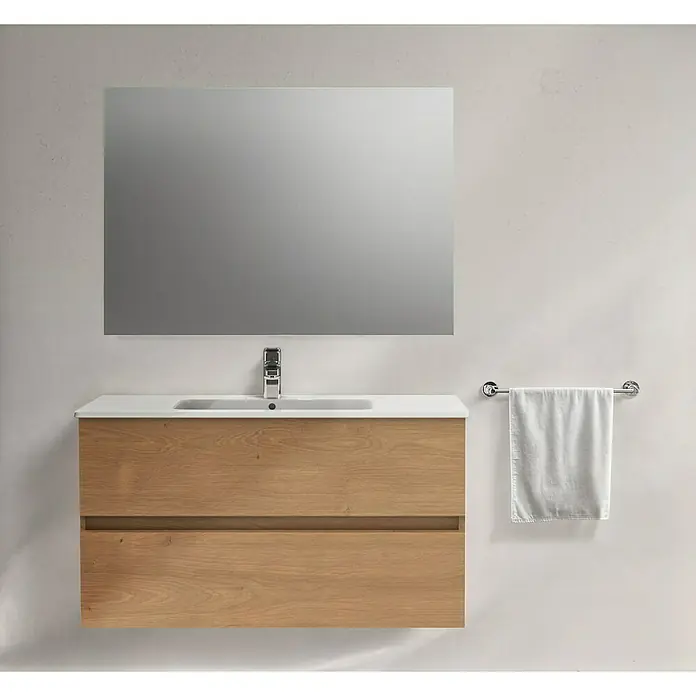 Ideal Standard Eurovit Badmöbel-Set + - 81,5 cm, Hamilton Eiche - Badezimmermöbel mit Holzstruktur und Spiegel. Elegantes Design für ein modernes Badezimmer mit Handtuchhalter.