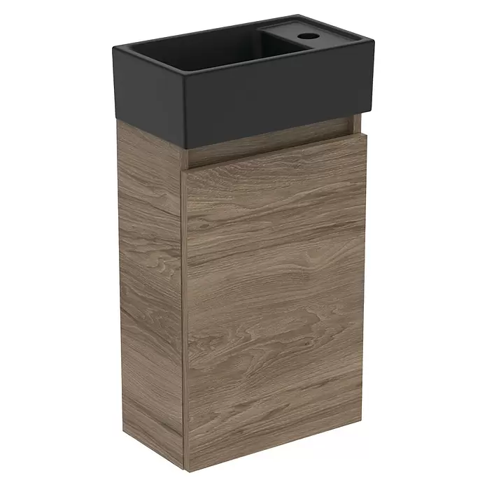 Ideal Standard Eurovit Badmöbel-Set + - 37 cm, Nussbaum/Schwarz, Hahnloch: Rechts - Badezimmer-Waschtischunterschrank mit schwarzem Waschbecken und hellem Holzschrank.