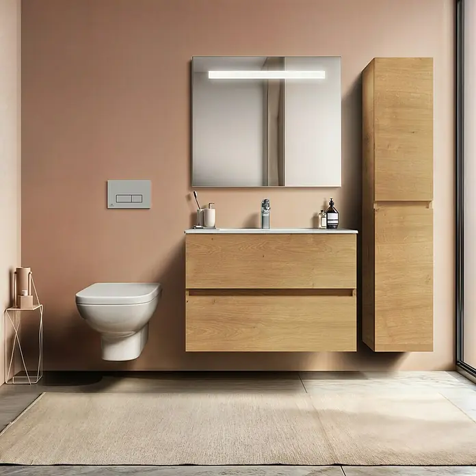 Ideal Standard Eurovit Badmöbel-Set + - 71 cm, Hamilton Eiche - Ein modernes Badezimmer mit einem Unterschrank aus Holz, einem Spiegel mit integrierter Beleuchtung und einer Toilette mit Betätigungsplatte.