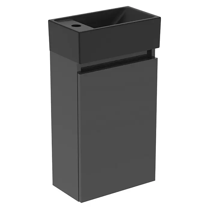 Ideal Standard Eurovit Badmöbel-Set + - 37 cm, Grau/Schwarz, Hahnloch: Links - Dunkelgrauer Waschtischunterschrank mit integriertem rechteckigem Waschbecken und Stauraum.