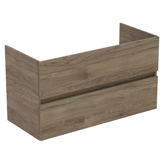 Ideal Standard Eurovit Badmöbel-Set + - 101,5 cm, Nussbaum - Brauner Waschtischunterschrank in Holzoptik mit zwei Schubladen.