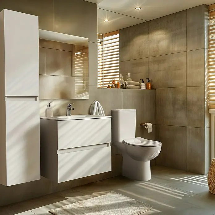 Ideal Standard Eurovit Badmöbel-Set + - 71 cm, Weiß - Modernes Badezimmer mit weißen Möbeln, Waschbecken und Toilette. Schlichtes Design mit Fokus auf Funktionalität.
