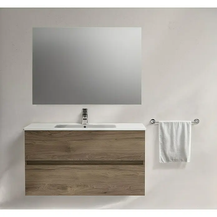 Ideal Standard Eurovit Badmöbel-Set + - 71 cm, Nussbaum - Moderne Waschtischkombination mit Holzdekor, weißem Waschtisch und Spiegel. Die Armatur und der Handtuchhalter sind in Chrom gehalten.
