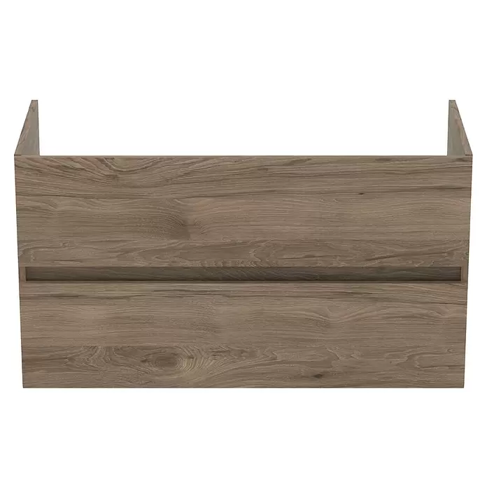 Ideal Standard Eurovit Badmöbel-Set + - 101,5 cm, Nussbaum - Schubladenfront in Holzoptik Braun mit integriertem horizontalem Griffausschnitt.