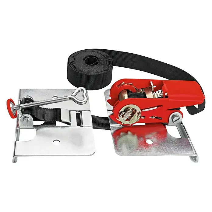 Bessey Parkett-Verlege-Hilfe SVH 400 - Spannweite: 4 m - Nahaufnahme eines Spanngurts mit Ratsche, der zum Sichern von Lasten beim Transport verwendet wird.