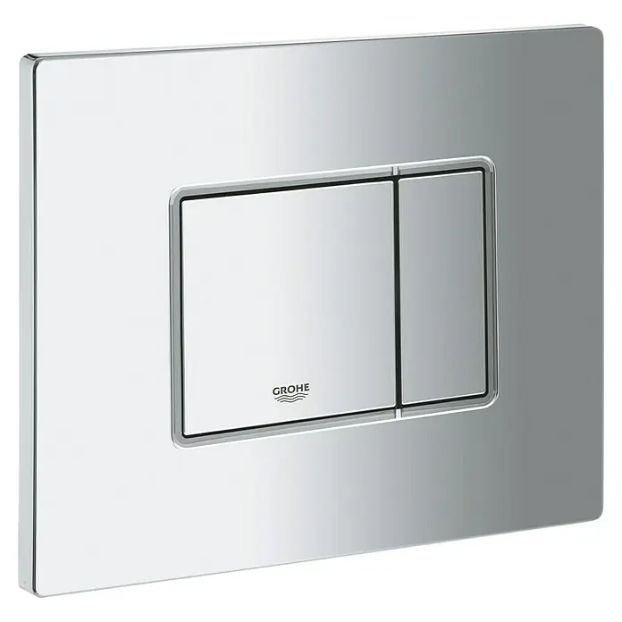 Grohe Betätigungsplatte Even - Chrom, Spül-Stopp-Spülung - Nahaufnahme einer glänzenden Grohe Betätigungsplatte mit zwei Tasten zur WC-Spülung in modernem Design.