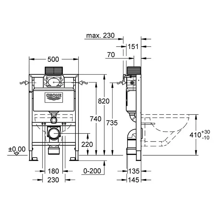 Grohe WC-Vorwandelement Solido - 2-Mengen-Spülung, L x B x H: 13,5 x 50 x 82 cm - Grohe Wand-WC-Montagerahmen mit integriertem Spülkasten, technische Maße.