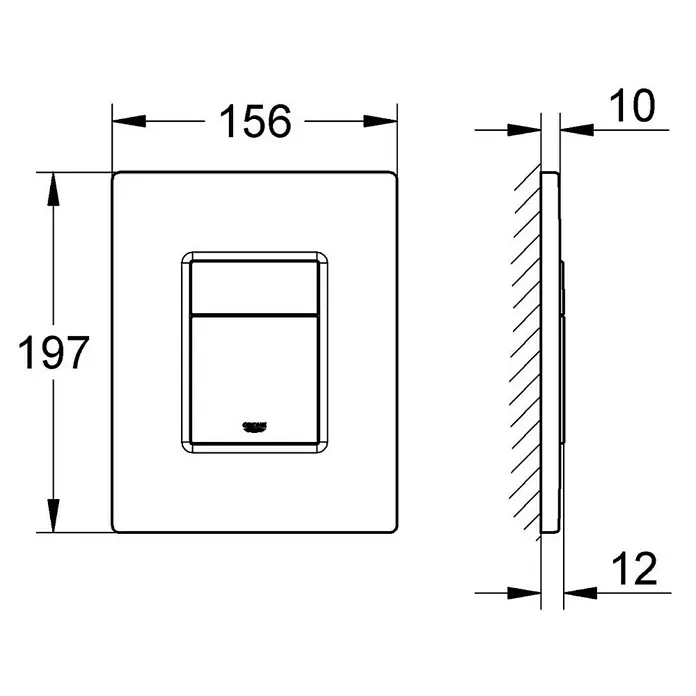 Grohe Betätigungsplatte Even - Chrom, Spül-Stopp-Spülung - Technische Zeichnung eines GROHE Betätigungsplatte, Abmessungen 156x197mm, Tiefe 10-12mm.