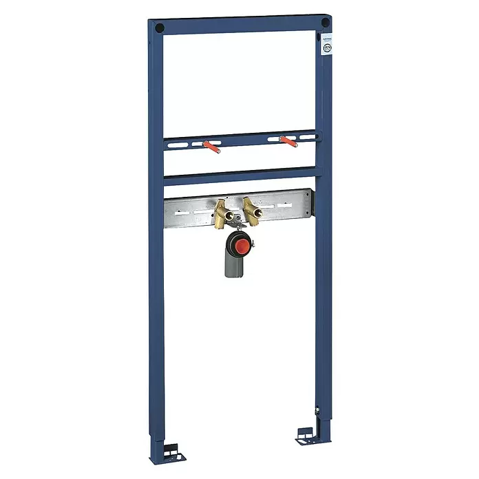 Grohe Waschtisch-Vorwandelement - Pulverbeschichtet, 7,5 x 50 x 113 cm - Blaues Metall-Installationsrahmen mit Messingarmaturen und einem Abflussbogen für ein Wand-WC.